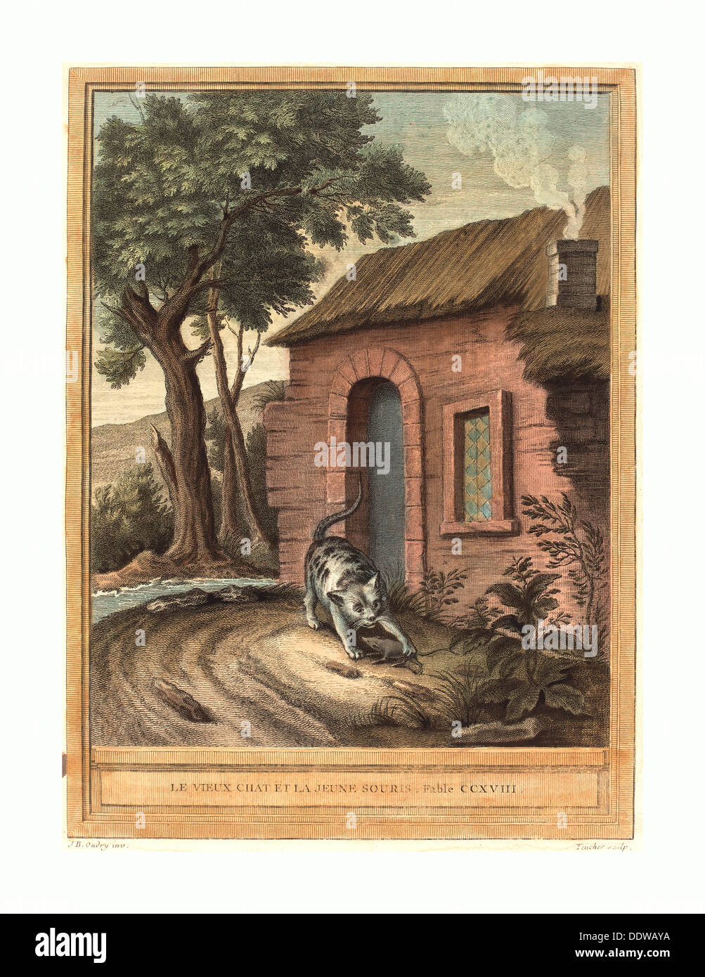 Johann Christoph Teucher nach Jean-Baptiste Oudry (Deutsch, c. 1715-1763 oder danach), Le Vieux chat et la Jeune Souris Stockfoto