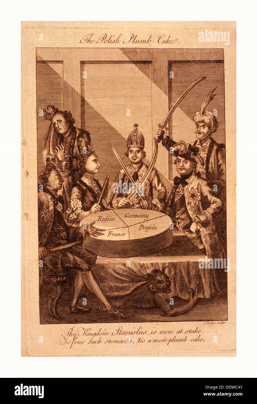 Die polnische Lot-Kuchen, Lodge, John,-1796, Gravur 1774, Leopold II. und Frederick William II mit Schwertern gezeichnet, Catherine II Stockfoto