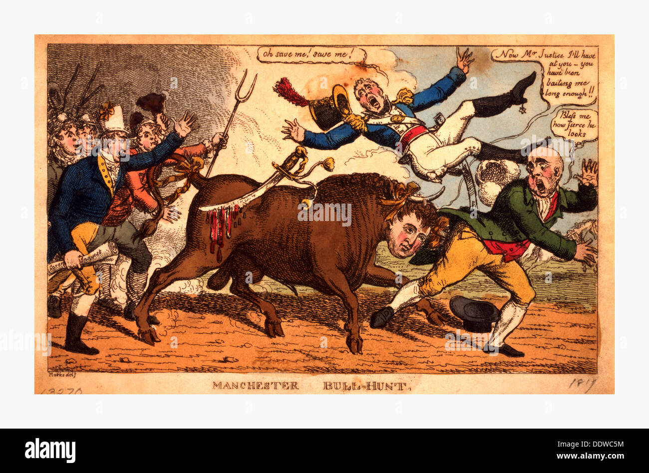 Manchester Bull-Jagd, Gravur 1819 Sept.(?), ein Stier mit dem Kopf von John Bull, warf ein Mitglied der Manchester Yeomanry Stockfoto