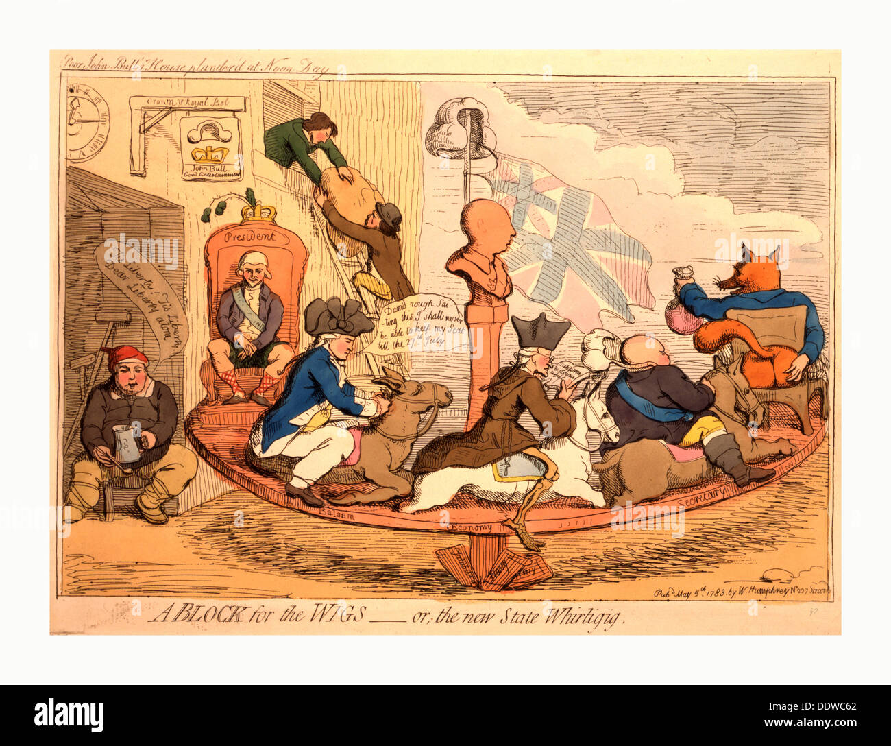 Ein Block für die Perücken oder der neue Staat Whirligig, Gillray, James, 1756-1815, Künstler, Gravur 1783, ein Karussell Stockfoto Ein Block für die Perücken oder der neue Staat Whirligig, Gillray, James, 1756-1815, Künstler, Gravur 1783, ein Karussell Stockfoto