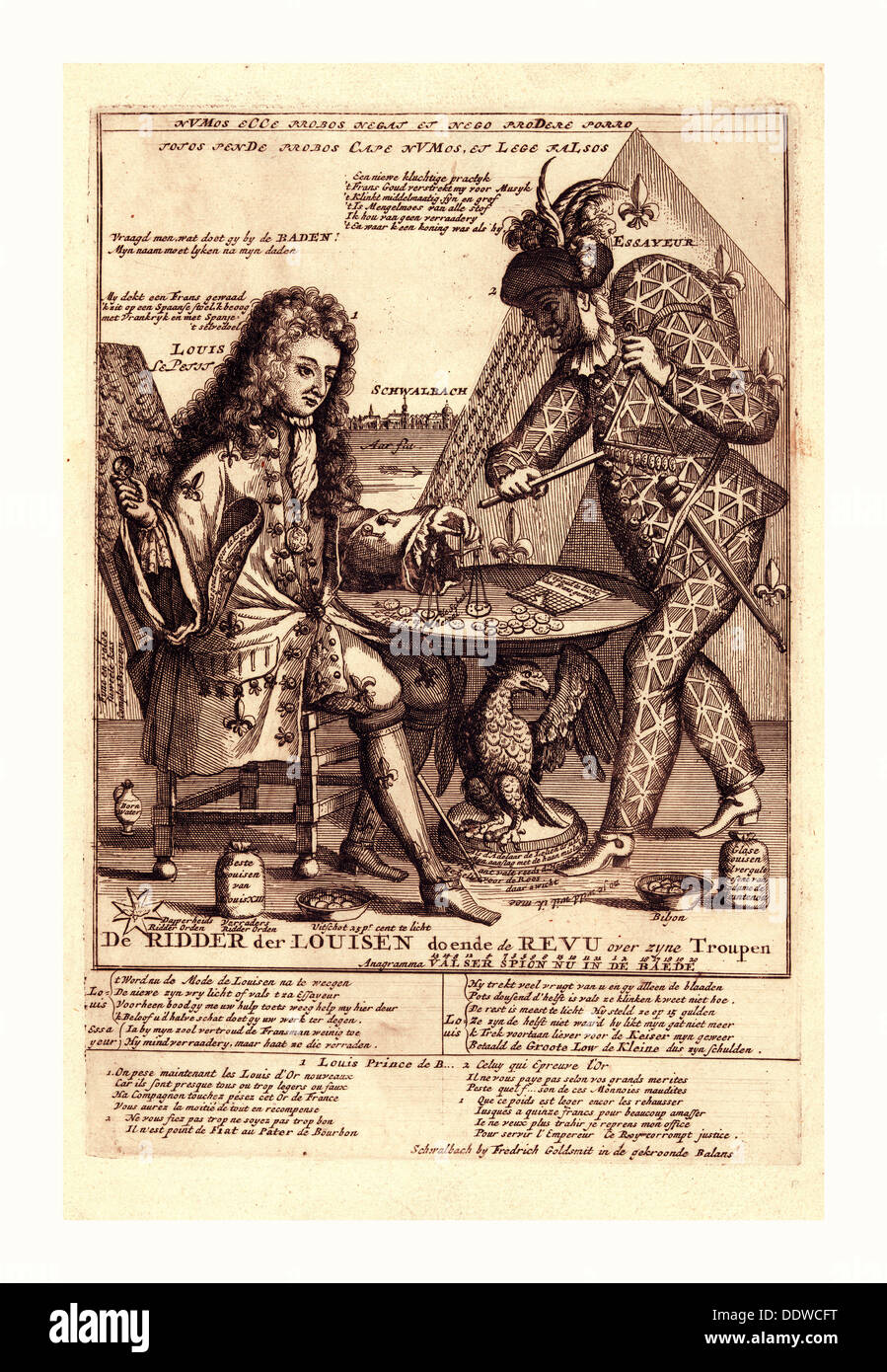 De Ridder der Louisen Doende de Revu über Zyne Troupen, Goldsmit, Friedrich, Künstler, En sanguine Gravur 1705 Stockfoto