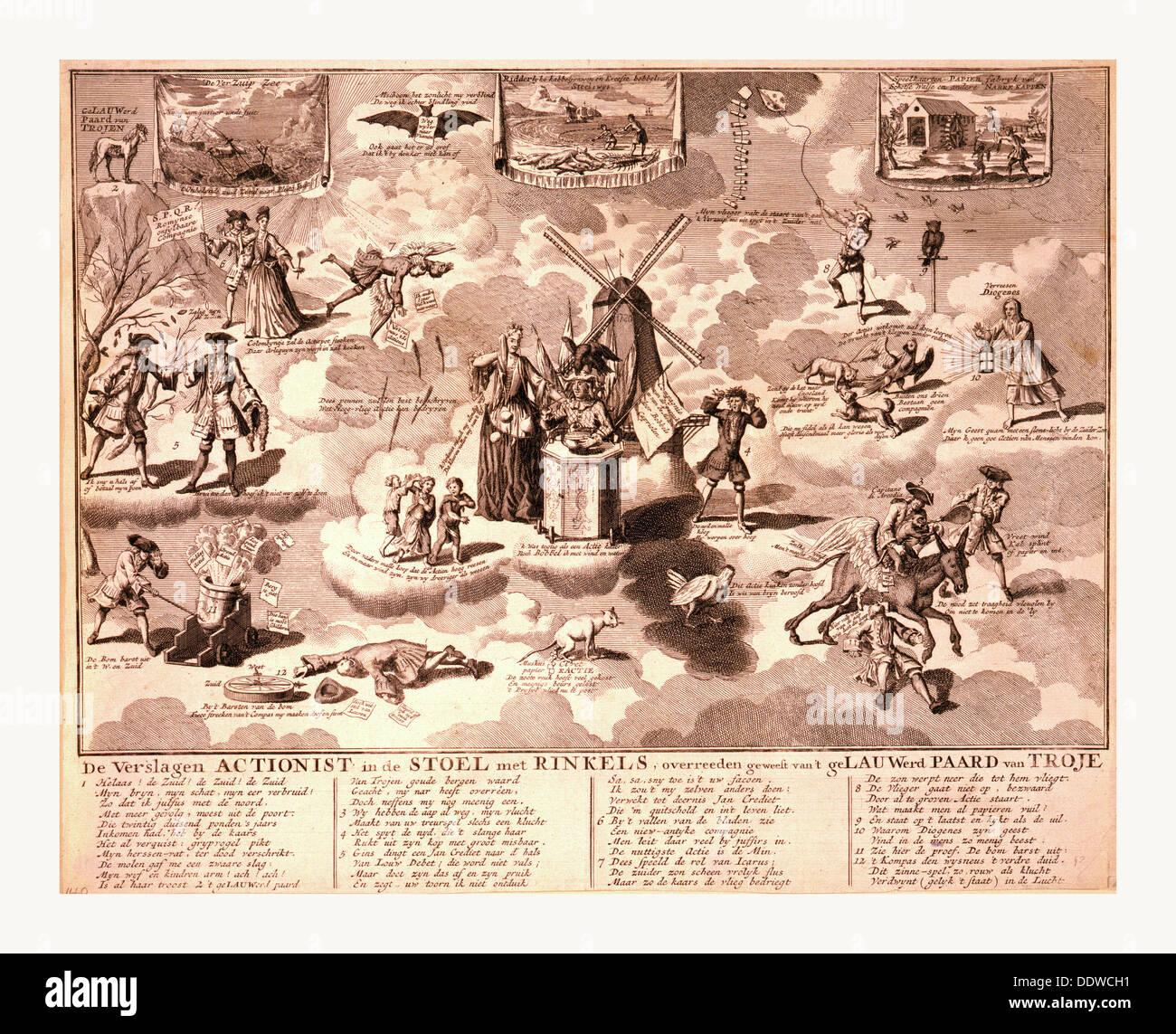 De Verslagen aktionistischen in de Stoel traf Rinkels, Overreeden Geweest van't GeLauwerd Paard van Troje, de sanguine Gravur 1720 Stockfoto