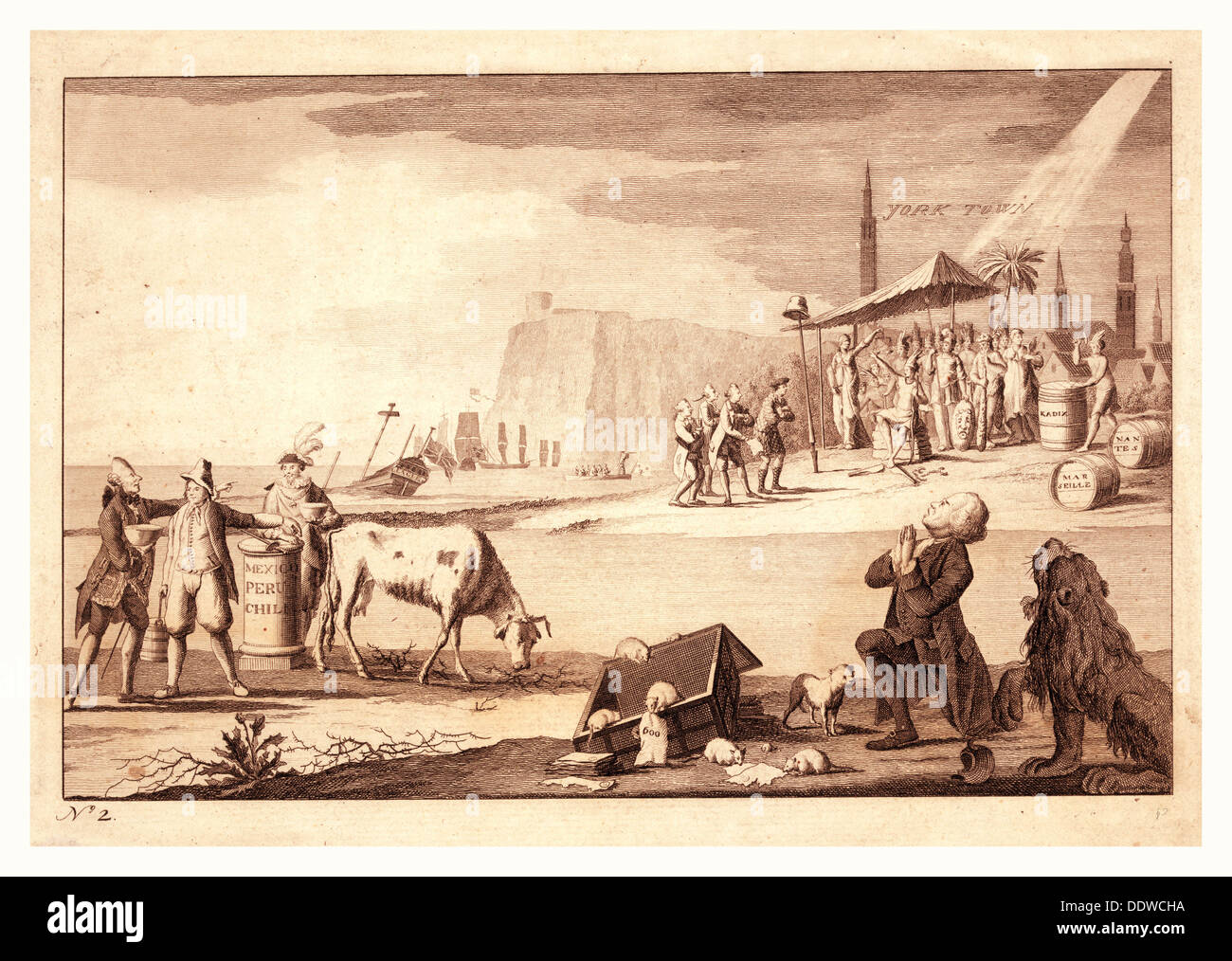 York Stadt de sanguine Gravur zeigt Amerika empfangen die Kapitulation von Cornwallis im Hintergrund Stockfoto