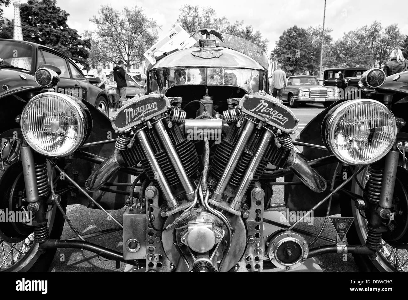 Details Auto Morgan Super Sports, V-Twin-Dreiräder (Schwarzweiß) Stockfoto