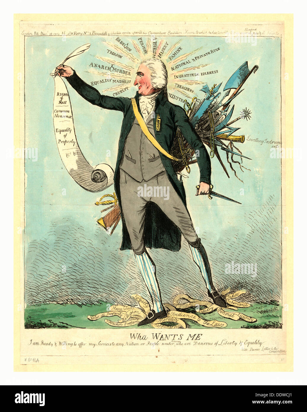 WHA will mich, London: 1792, Gravur, Thomas Paine, in voller Länge, stehend, nach links, hält Schriftrolle Rechte des Menschen, Stockfoto