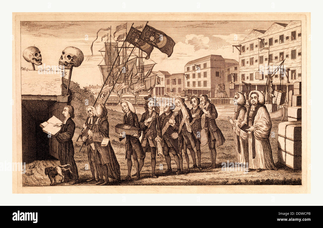 Die Aufhebung oder die Beerdigung von Miss Ame = Stempel, de sanguine 1766, einen Trauerzug am Ufer der Themse, mit Gravur Stockfoto