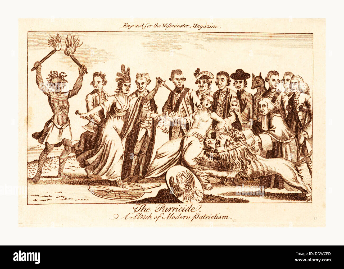Die Vatermord A Skizze des modernen Patriotismus, de sanguine Gravur, eine Frau trägt einen Federschmuck aus Amerika, Stockfoto