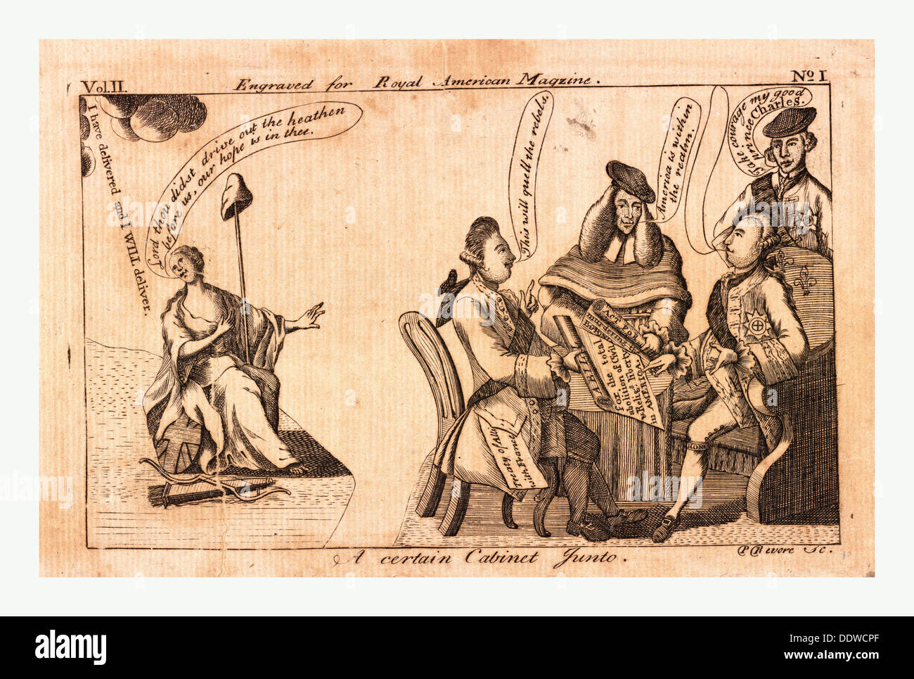 Einem bestimmten Schrank Junto sitzt de sanguine Gravur 1775, König George III, sprachlos (seine Beschriftung Ballon ist leer), Stockfoto