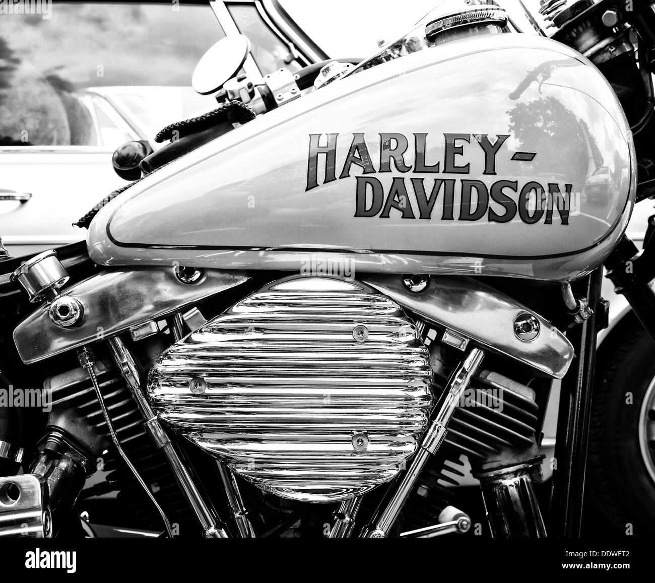 Detail des Motorrades Harley-Davidson (Schwarzweiß) Stockfoto