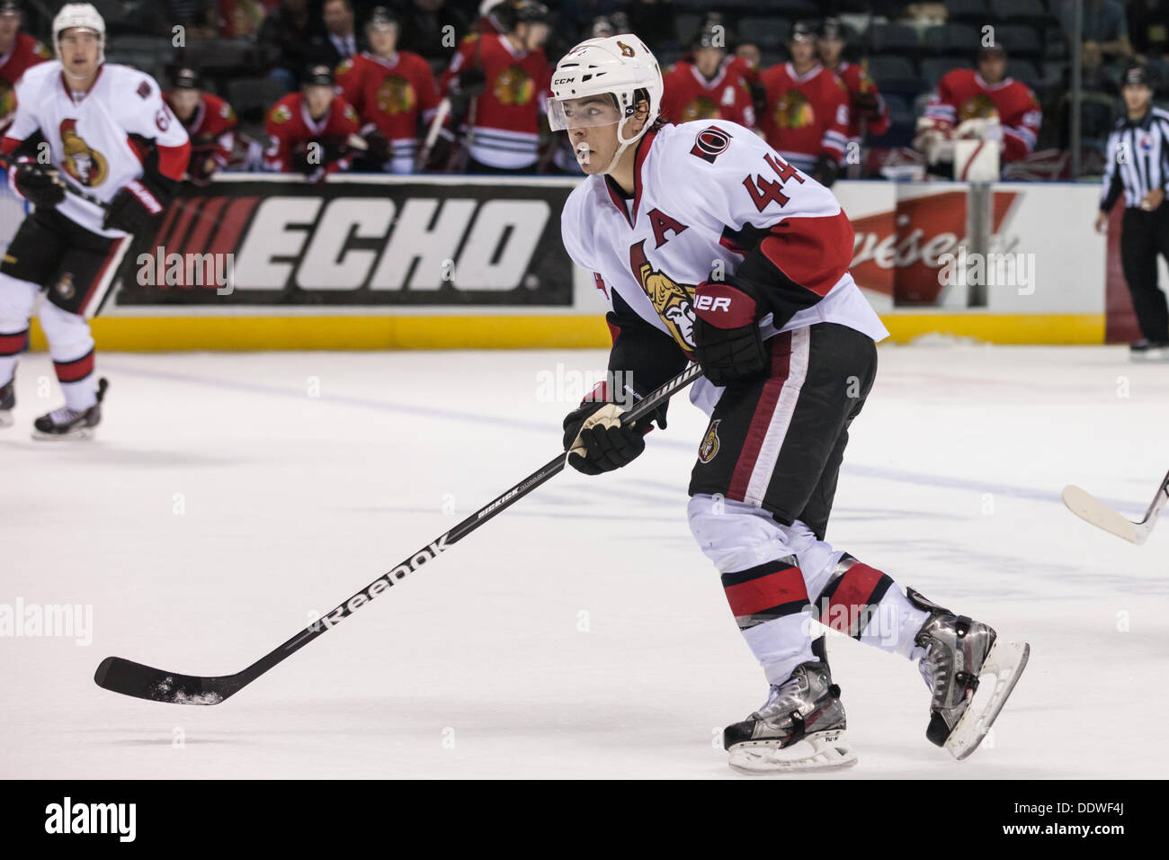 London Ontario, Kanada. 07. Sep, 2013. Jean-Gabriel der Pageau während eines Spiels auf der 2013 National Hockey League Rookie Turnier wird gespielt im Budweiser Gardens in London Ontario, Kanada am 7. September 2013.  Die Ottawa Senataors besiegte die Chicago Blackhawks mit einem Score von 4: 3 in einer Schießerei. Bildnachweis: Mark Spowart/Alamy Live-Nachrichten Stockfoto