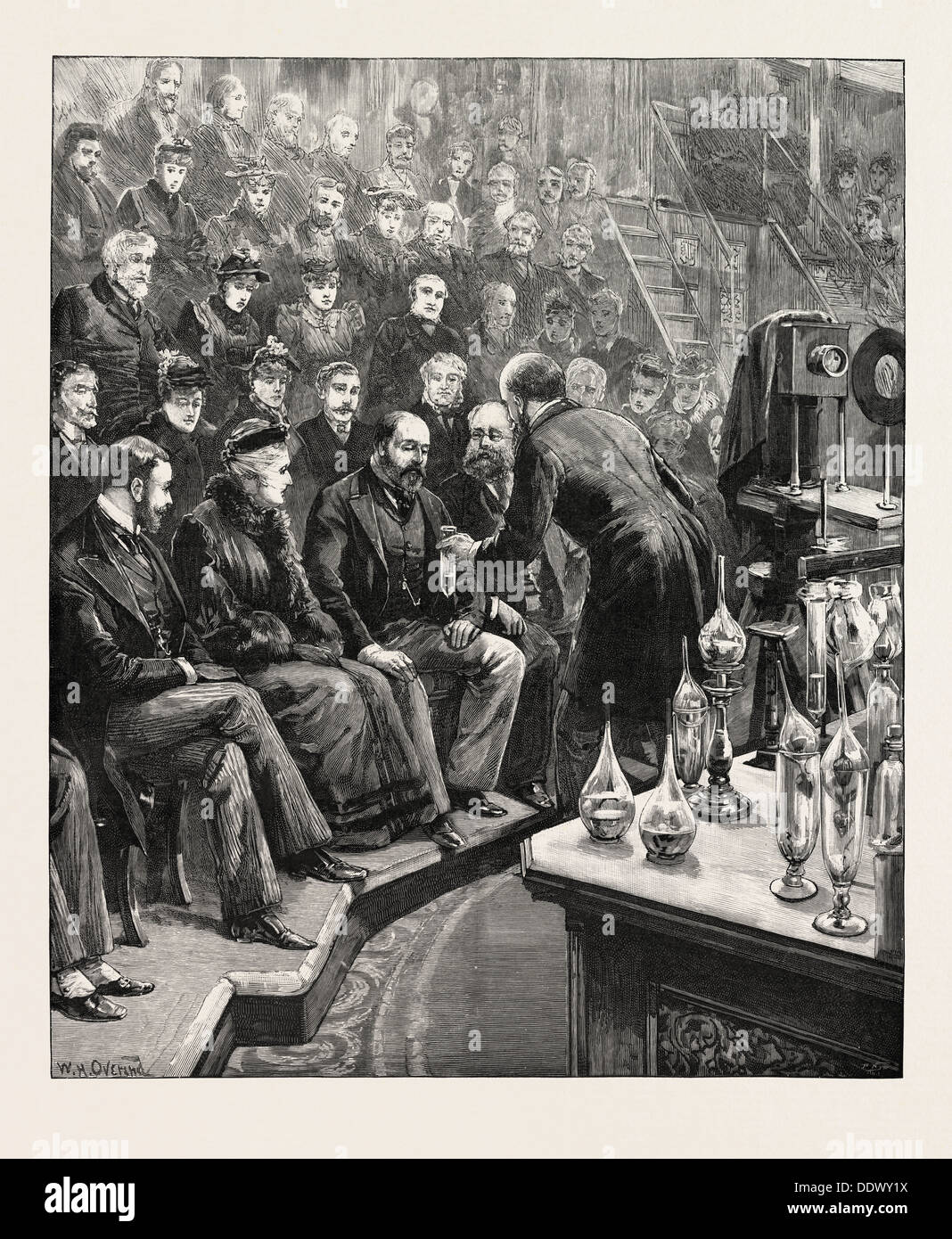 DER PRINCE OF WALES und der Herzog von YORK, der ROYAL Institution: PROFESSOR DEWAR Vorlesungen ON AIR liquide, UK, 1893-Gravur Stockfoto