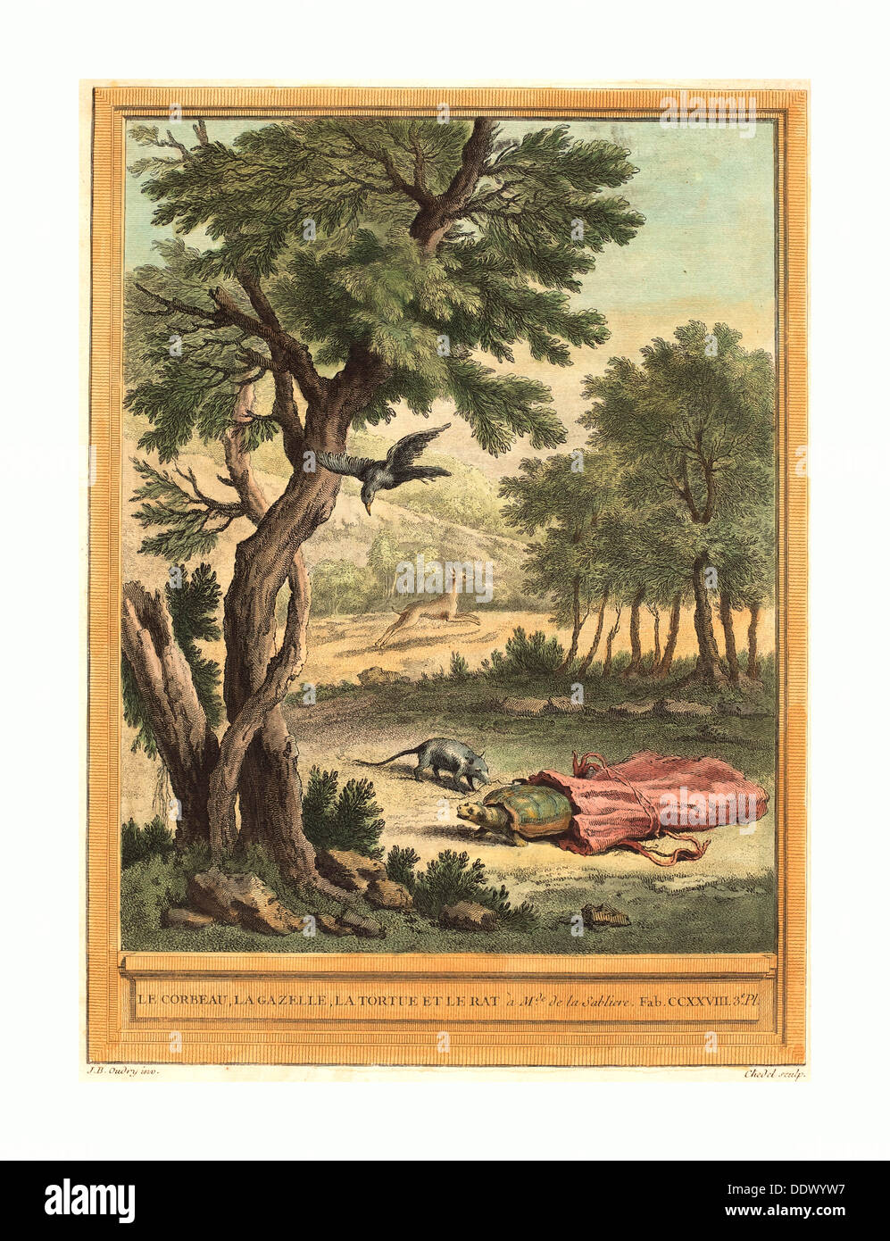 La Tortue, la Gazelle, Quentin-Pierre Chedel nach Jean-Baptiste Oudry (Französisch, 1705-1763), Le Corbeau et le Ratte, The Crow Stockfoto La Tortue, la Gazelle, Quentin-Pierre Chedel nach Jean-Baptiste Oudry (Französisch, 1705-1763), Le Corbeau et le Ratte, The Crow Stockfoto