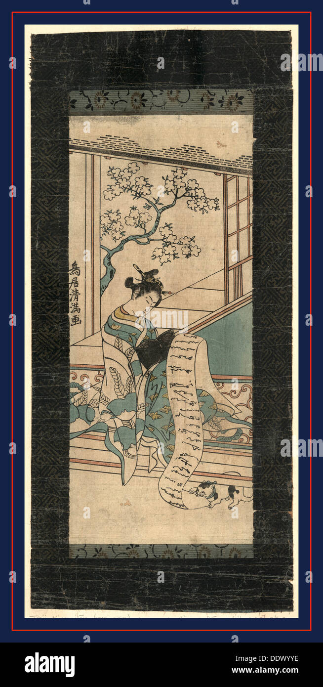 Fumi Yomu Yujo, Kurtisane, die einen Brief lesend. [zwischen 1757 und 1783, später gedruckt], 1 print: Holzschnitt, Farbe; 29 x 12,3 cm., Stockfoto