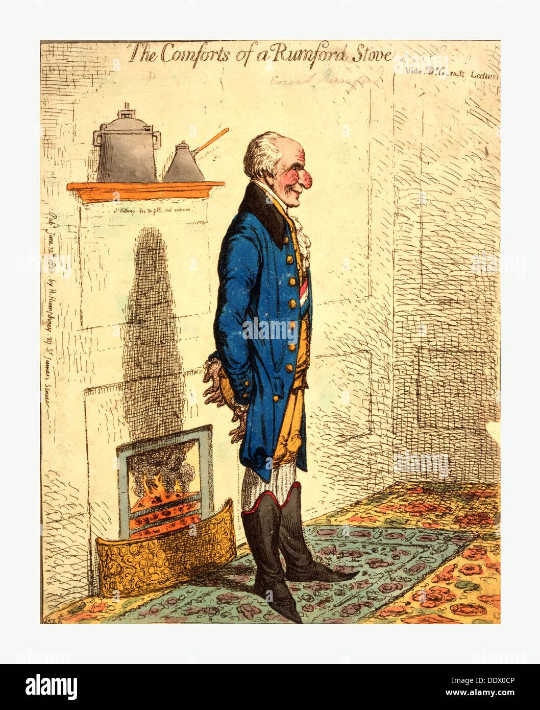 Den Komfort von einem Rumford Ofen Vide Dr. G-Rn-ts Vorträge / Gillray, James, 1756-1815, Gravieren 1800 Stockfoto