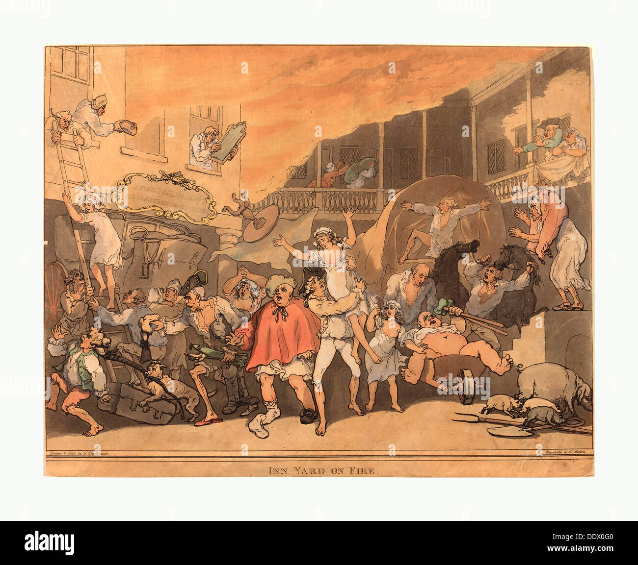 Thomas Rowlandson (British, 1756-1827), The Inn Hof in Brand, 1791, handkolorierten Radierung und Aquatinta Stockfoto Thomas Rowlandson (British, 1756-1827), The Inn Hof in Brand, 1791, handkolorierten Radierung und Aquatinta Stockfoto
