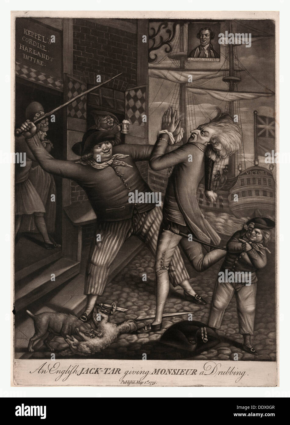 Eine englische Jack-tar geben Monsieur eine Niederlage, London: Robert Sayer, de sanguine Gravur 1779, The Victory Stockfoto