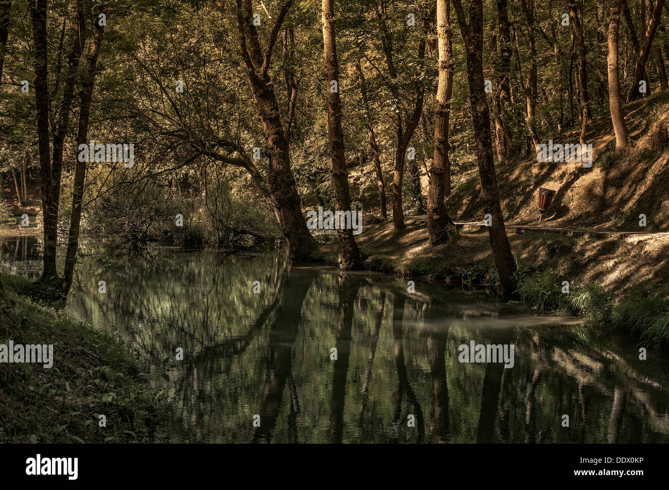 Geburt des Flusses Ebro im Dorf Fontibre, Kantabrien, Spanien Stockfoto