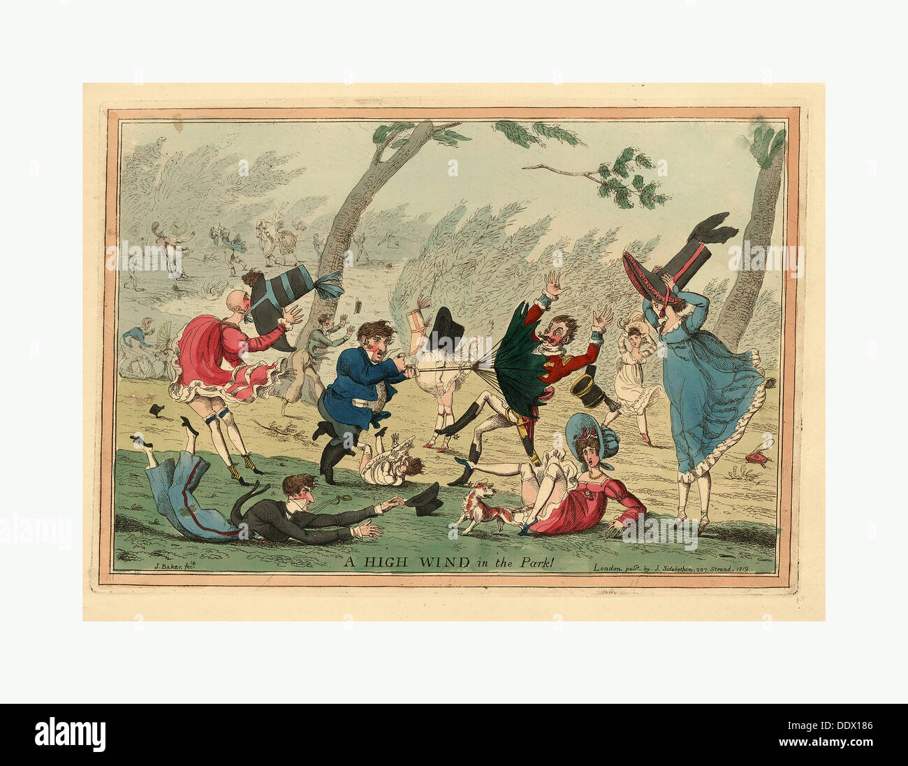 Ein starker Wind im Park!  Gravur von 1819, ein starker Wind weht, Männer, Frauen und Kinder, Kleider, Hüte aufholen Stockfoto