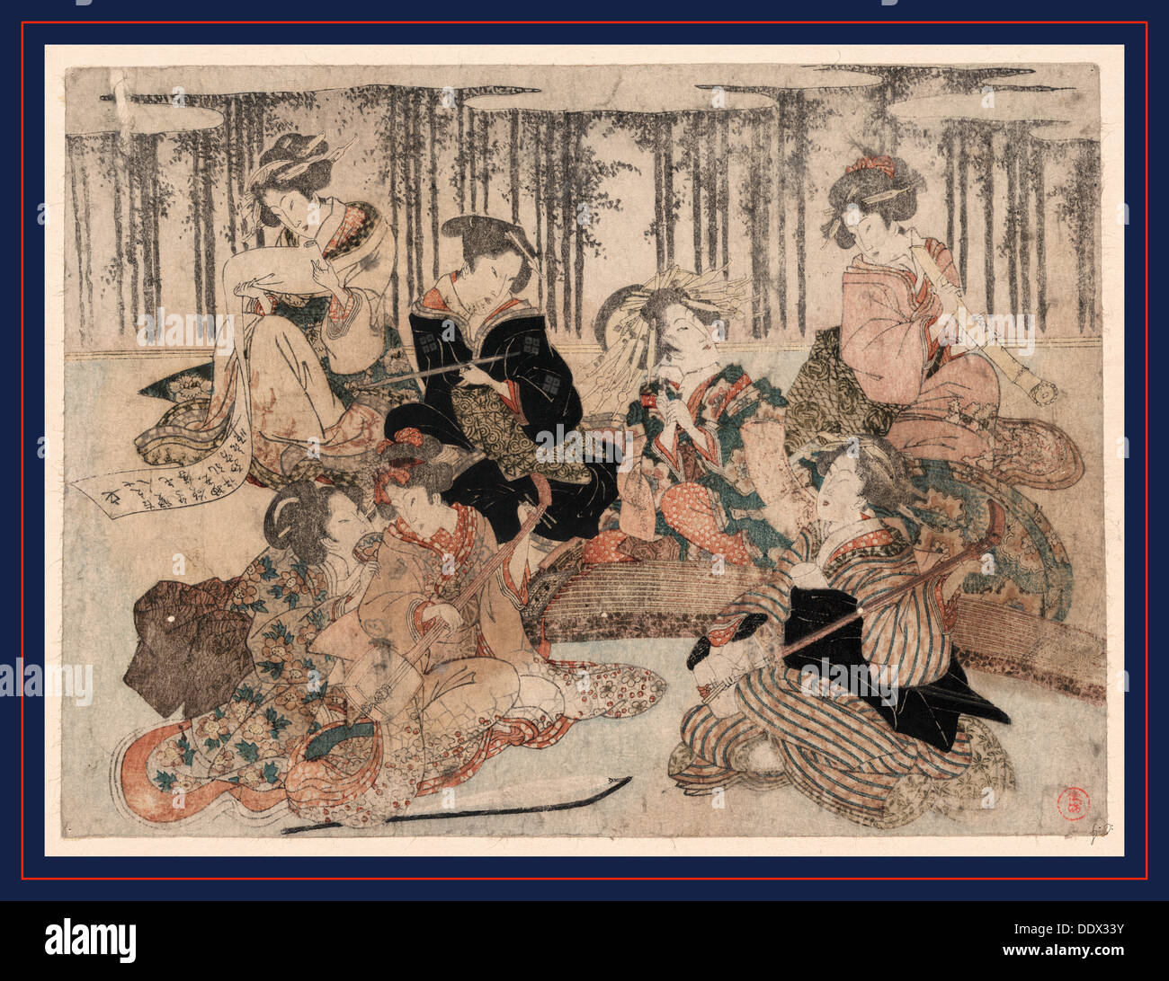 Chikurin keine Kabe keine Mae keine Shichikenjin, sieben Personen vor einem Bambuszaun. [180-], 1 print: Holzschnitt, Farbe; 20,2 x 27,3 Stockfoto
