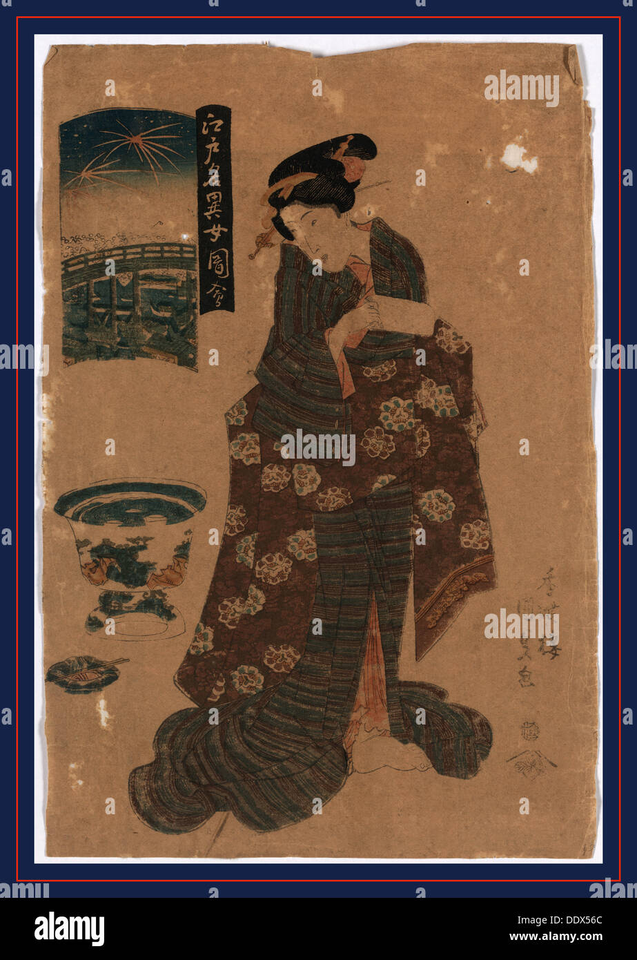 Ryogoku keine Hanabi Feuerwerk am Ryogoku. [zwischen 1818 und 1830] 1 print: Holzschnitt, Farbe; 37,4 x 25,4 cm. Druck befindet sich ein Stockfoto