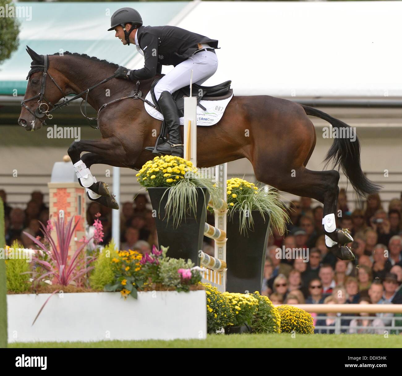 Stamford, UK. 8. September 2013. Jonathan Paget [NZL] Reiten CLIFTON Versprechen Show Sprung am Finaltag der 2013 Land Rover Burghley Horse Trials.  Die Kombination gewann die Veranstaltung auf eine Gesamtpunktzahl von 41,1.  Der Land Rover Burghley Horse Trials statt vom 5. bis 8. September in Burghley House, Stamford.  Bildnachweis: Stephen Bartholomäus/Alamy Live-Nachrichten Stockfoto