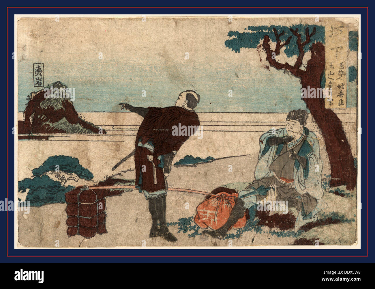 Sakanoshita, Katsushika 1804., 1 print: Holzschnitt, Farbe; 11,2 x 16,6 cm., zeigt Print einen Mann Rauchen ein Rohr und ein Portier Stockfoto