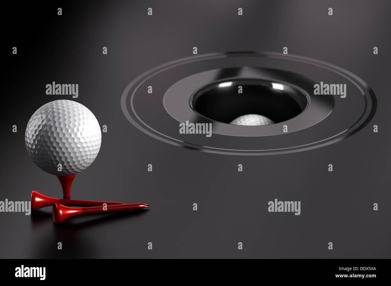 Einfach Erfolg oder erreichbare Ziele. Golf ball und roten T-Stück über schwarzen Hintergrund mit einem Loch. Stockfoto