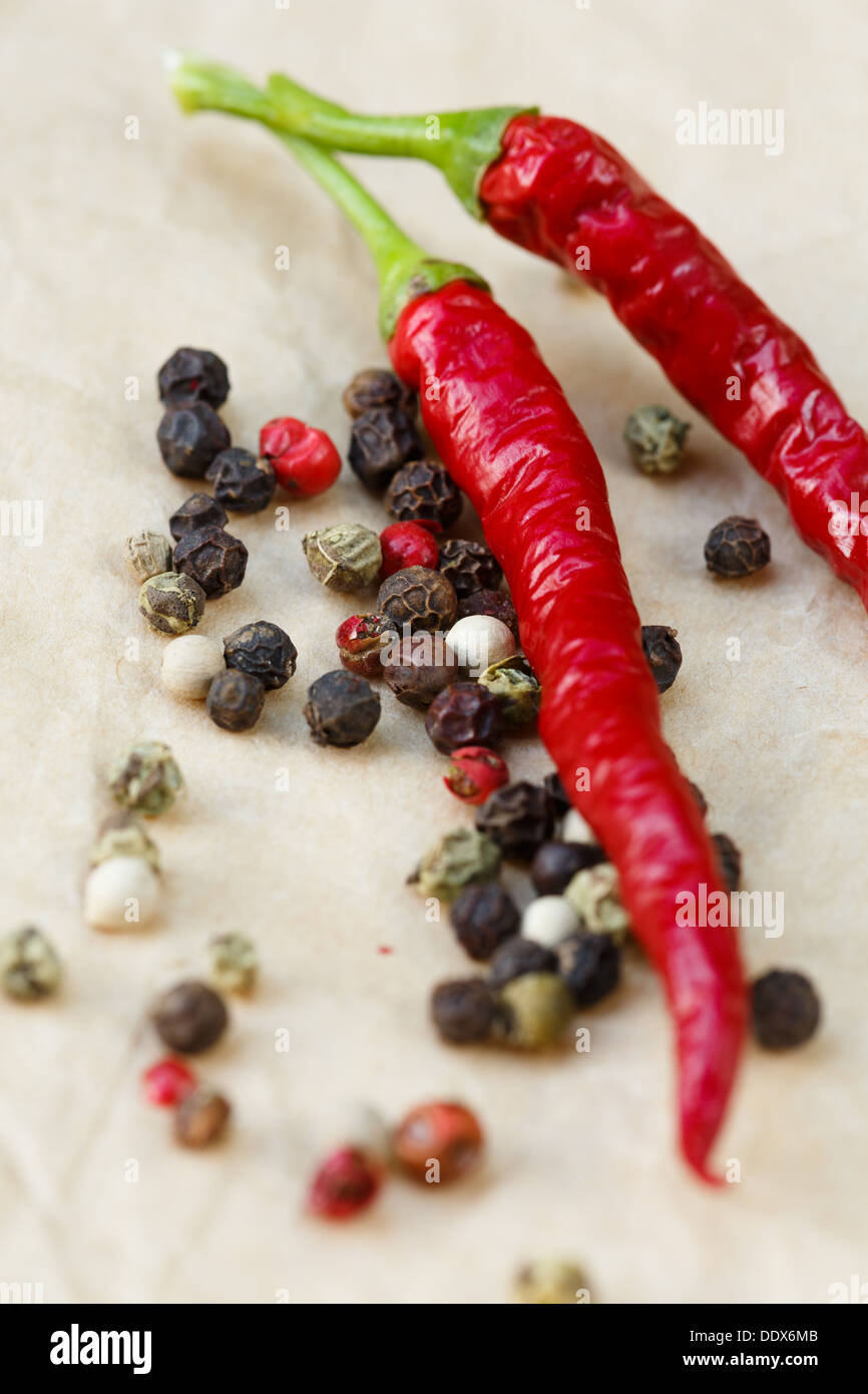 rote Chilischote und Pfefferkörner Stockfoto