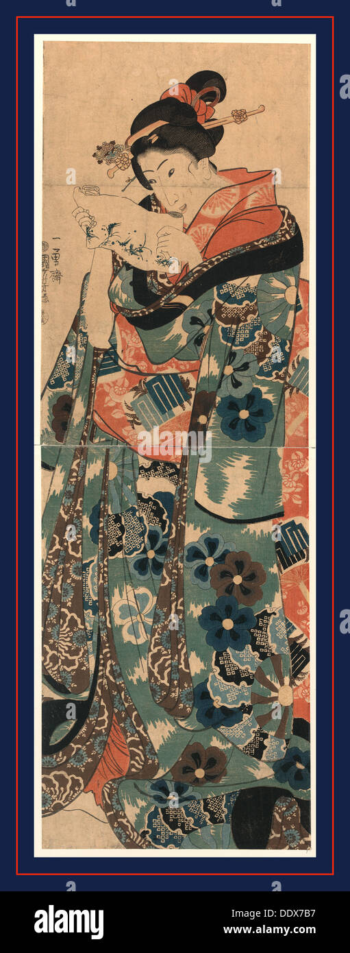 Fumi Yomu Musume, junge Dame, einen Brief lesend. [zwischen 1844 und 1848] 1 print: Holzschnitt, Farbe; 33,9 x 22,3 cm (Abdeckung), Stockfoto