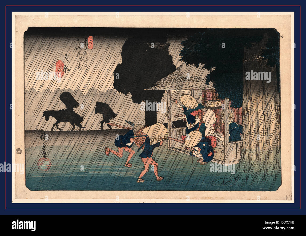 Suhara, Ando [zwischen 1838 und 1840], 1 print: Holzschnitt, Farbe; 25.1 x 37,6 cm., zeigt Print Menschen gefangen in einem Regen Sturm Stockfoto