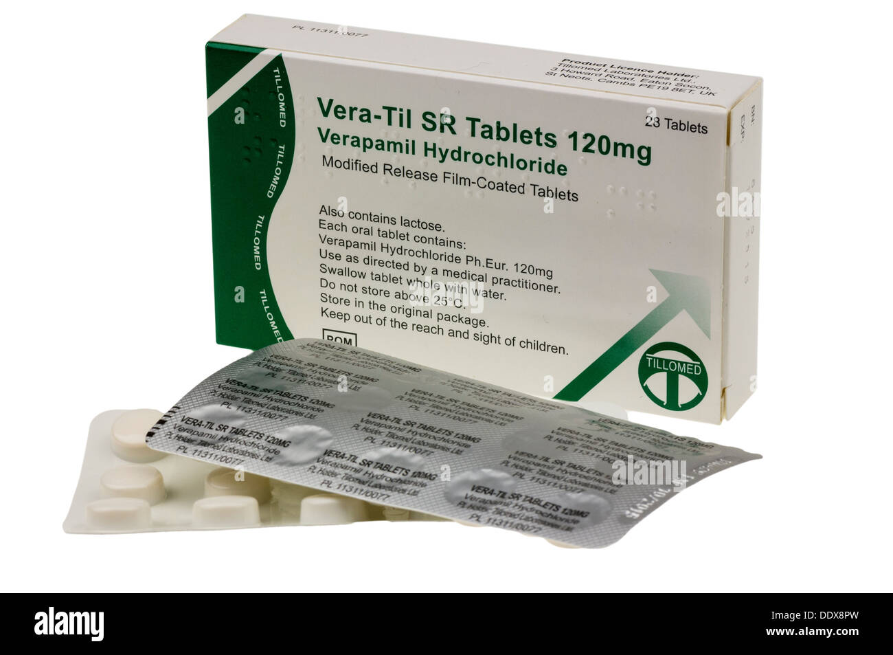 Paket von Vera-Til SR 120mg Tabletten (Verapamil Hydrocloride) zur  Behandlung von Angina pectoris, Herzrhythmusstörungen und Bluthochdruck  Stockfotografie - Alamy
