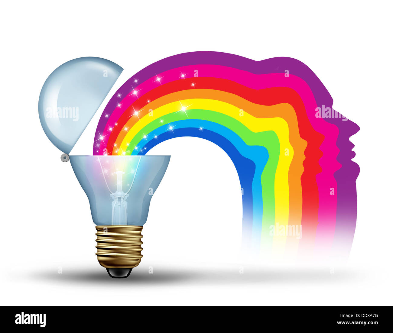 Die Kraft der Innovation und Freiheit der visionäre Führung als Kreativität Konzept zur Entfesselung und neue Ideen zum Ausdruck zu bringen, wie eine Glühbirne, die Öffnung für einen funkelnden Regenbogen in der Form eines menschlichen Kopfes auf einem weißen Hintergrund zu offenbaren. Stockfoto