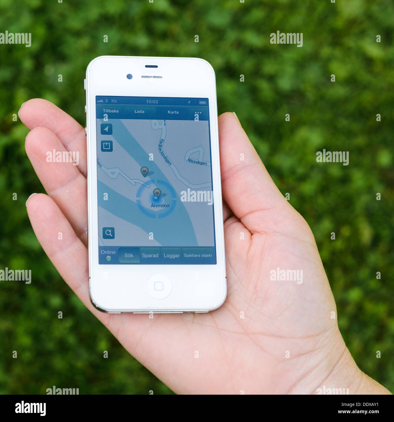 Hand mit Smartphone mit Geocaching-app, Djurås, Dalarna, Schweden Stockfoto