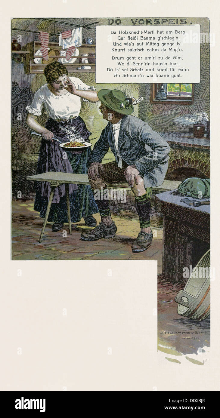 In der Küche Josef Mukarovsky, 1851-1921, Deutsch. Gericht, Essen und trinken, Mann, Frau, deutsche Tracht, Essen und trinken Stockfoto