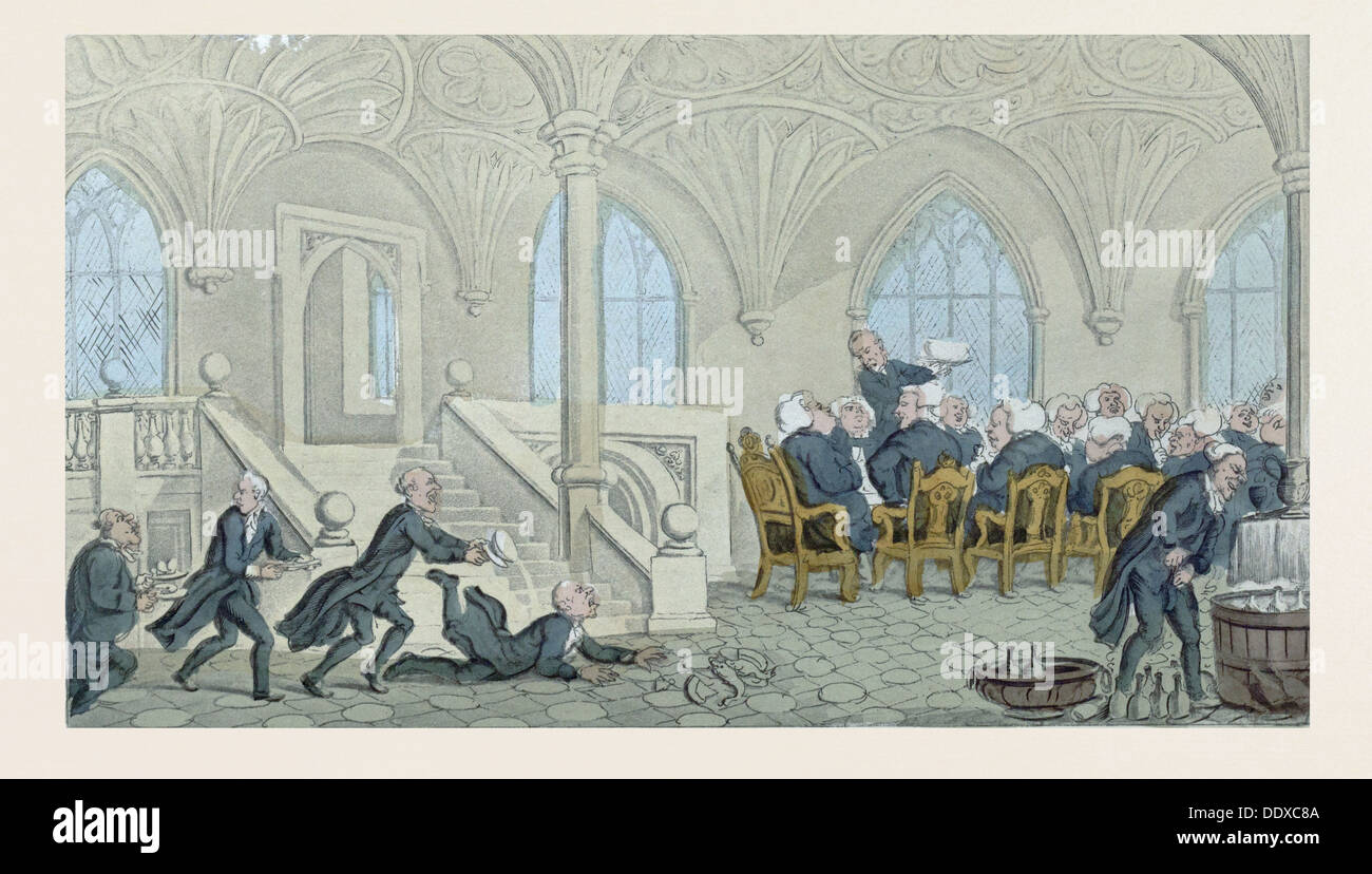 Dr. Syntax unterhalten am College, gezeichnet und geätzt von Rowlandson, ca. 1819. Essen und trinken, Menschen, Esstisch, Flaschen Stockfoto