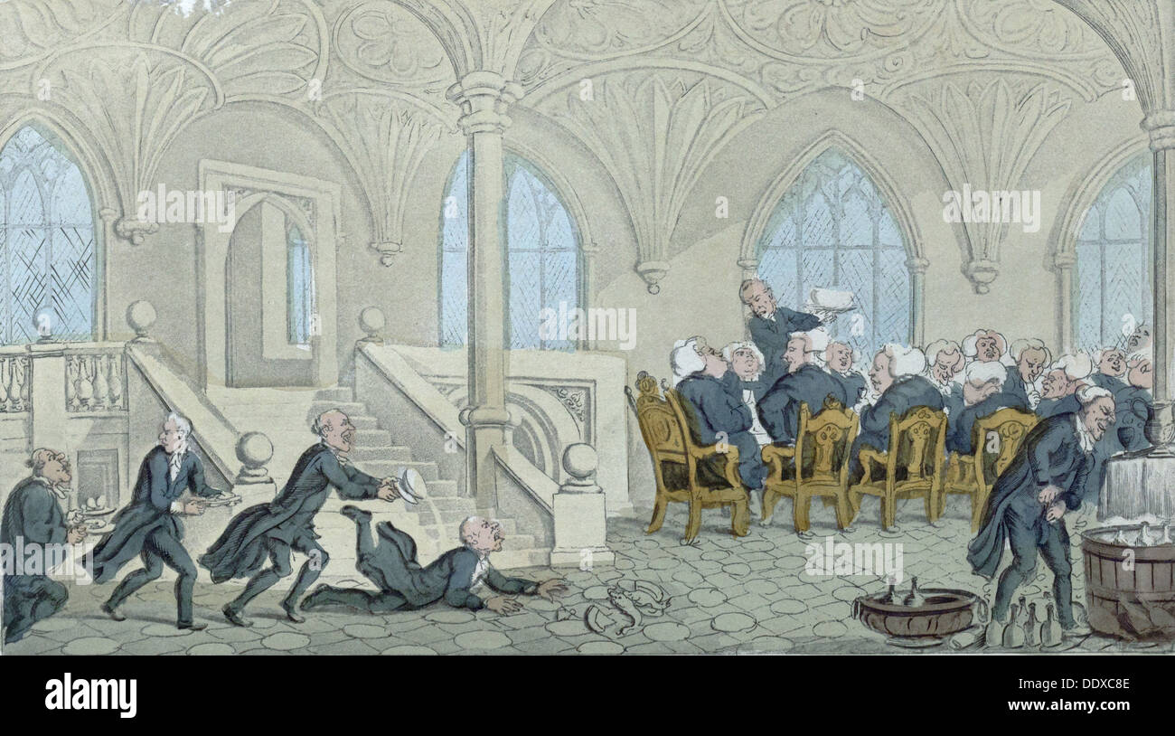Dr. Syntax unterhalten am College, gezeichnet und geätzt von Rowlandson, ca. 1819. Essen und trinken, Menschen, Esstisch, Flaschen Stockfoto