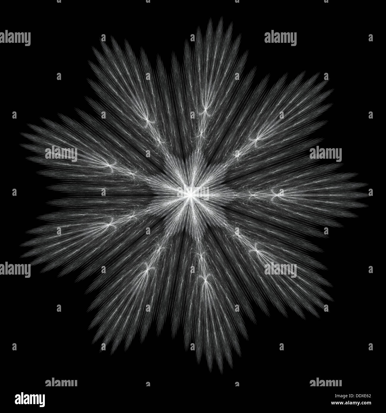 Fraktal - Schneeflocke in grauen und weißen Farben auf schwarzem Hintergrund Stockfoto