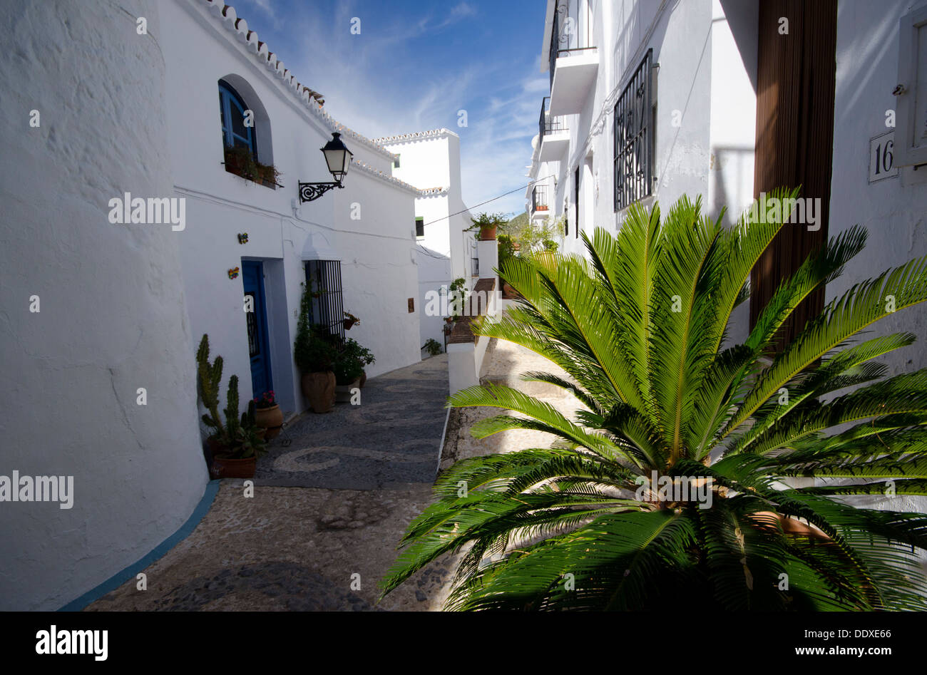 Schmale Gasse schlängelt sich durch die schöne Stadt Frigliana in Südspanien Stockfoto