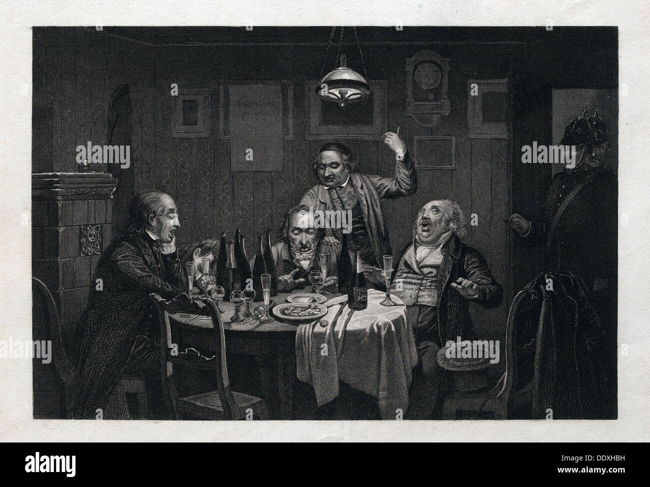 Die Gäste, 1864, Essen und trinken, Tabelle, Flasche, Flaschen, Glas, Gläser, Wein, Champagner, Mann, Gesang, Lied, Kneipe Stockfoto