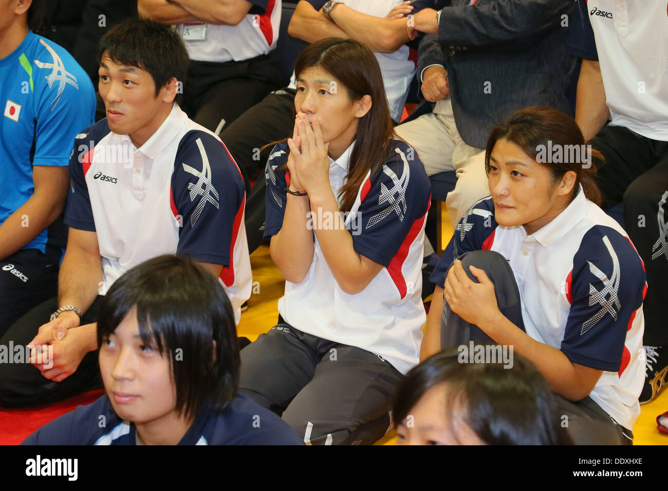 Tokio, Japan. 9. September 2013. (L, R) Tatsuhiro Yonemitsu, Saori Yoshida, Kaori Icho, 9. September 2013 - Wrestling: Japanische Wrestling Team beobachtete Abstimmung für eine zusätzliche Spiel Festlegung der Olympische Sommer Spiele 2020 bei Ajinomoto Traning Center, Tokio, Japan. Bildnachweis: Yusuke Nakanishi/AFLO SPORT/Alamy Live-Nachrichten Stockfoto