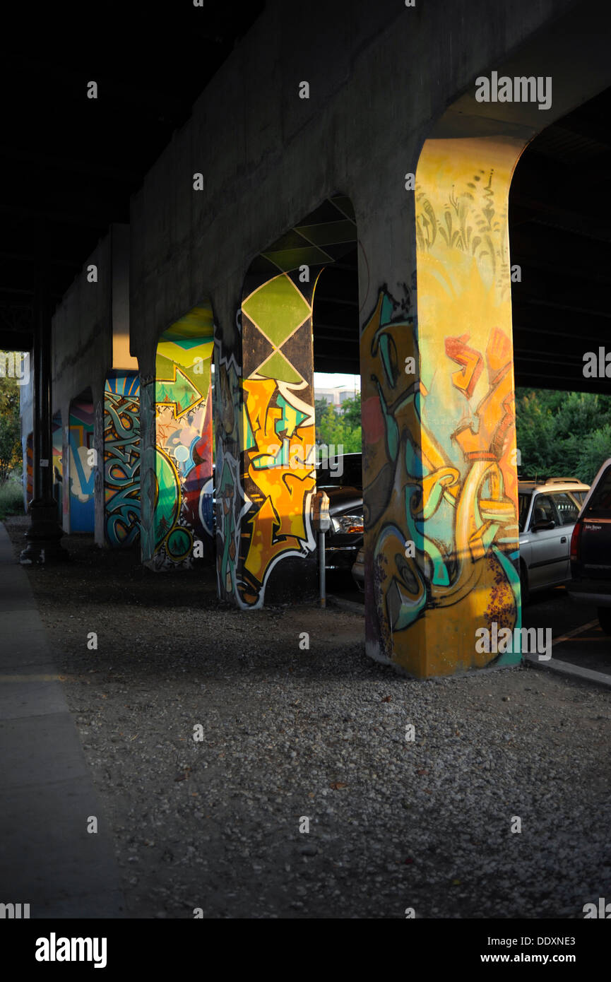 Graffiti Wandmalerei unter einer Straßenüberführung auf Merrimon Ave in Asheville, North Carolina Stockfoto