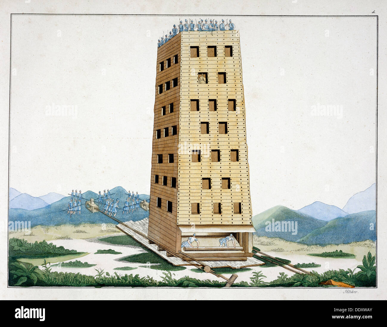 Bewegliche Belagerungsturm, entworfen nach Cäsars Turm in Namur, 1842. Künstler: Friedrich Martin von Reibisch Stockfoto