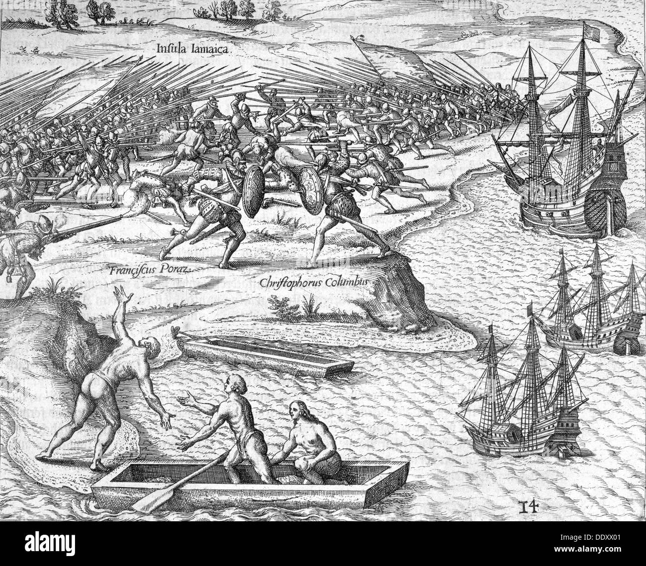 Schlacht in Jamaika zwischen Christopher Columbus und Francisco Poraz 1504 (1631). Künstler: Theodore de Bry Stockfoto