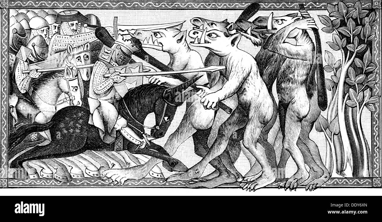 Literatur, Mittelalter, Alexander Romanze, Alexander 'der große' im Kampf gegen Menschen mit Tierköpfen, nach Miniatur, 13. Jahrhundert, Holzstich, 19. Jahrhundert, Zusatzrechte-Clearences-nicht vorhanden Stockfoto