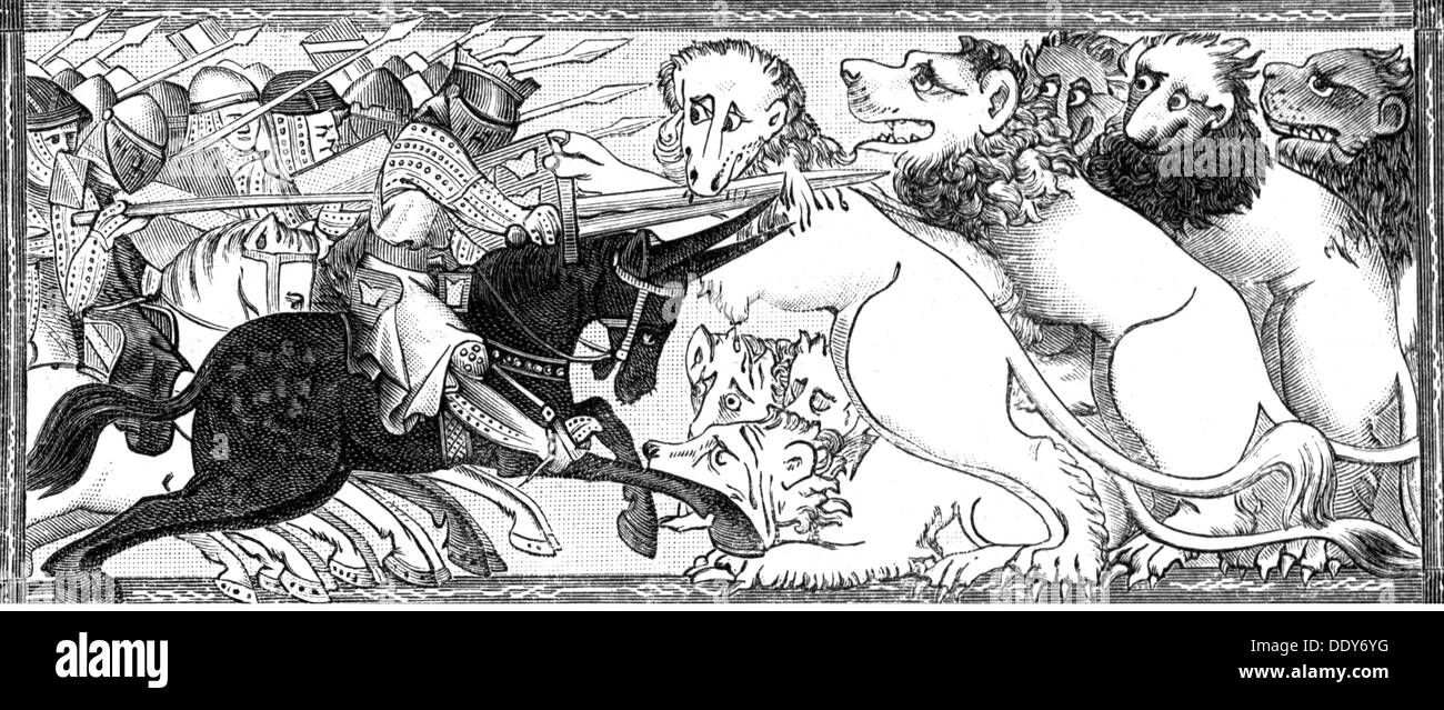 Literatur, Mittelalter, Alexander Romanze, Alexander 'der große' im Kampf gegen Löwen, nach Miniatur, 13. Jahrhundert, Holzstich, 19. Jahrhundert, Zusatzrechte-Clearences-nicht vorhanden Stockfoto