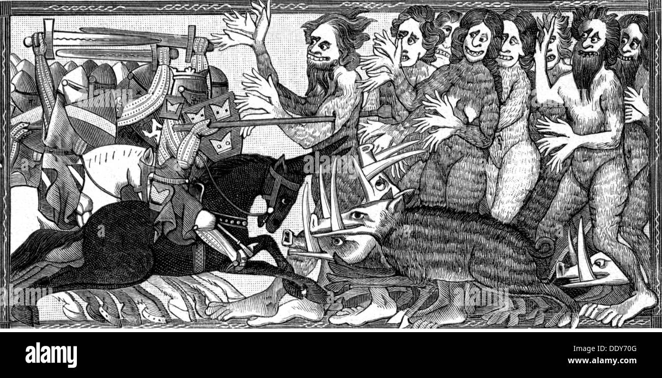 Literatur, Mittelalter, Alexander Romanze, Alexander 'der große' Kampf gegen Poeple mit sechs Händen, nach Miniatur, 13. Jahrhundert, Holzstich, 19. Jahrhundert, Zusatzrechte-Freizeichen-nicht vorhanden Stockfoto