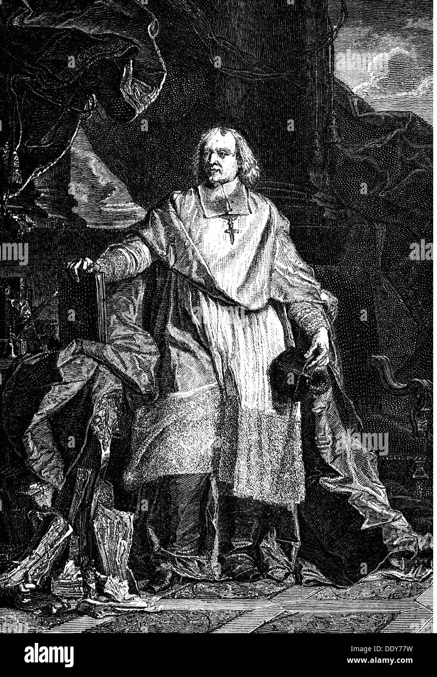 Bossuet, Jacques Benigne, 27.9.1627 - 12.4.1704, französischer Geistlicher und Autor/Schriftsteller, Bischof von Condom 1671 - 1693, Bischof von Meaux 1681 - 1704, volle Länge, Holzgravur, 19. Jahrhundert, Stockfoto