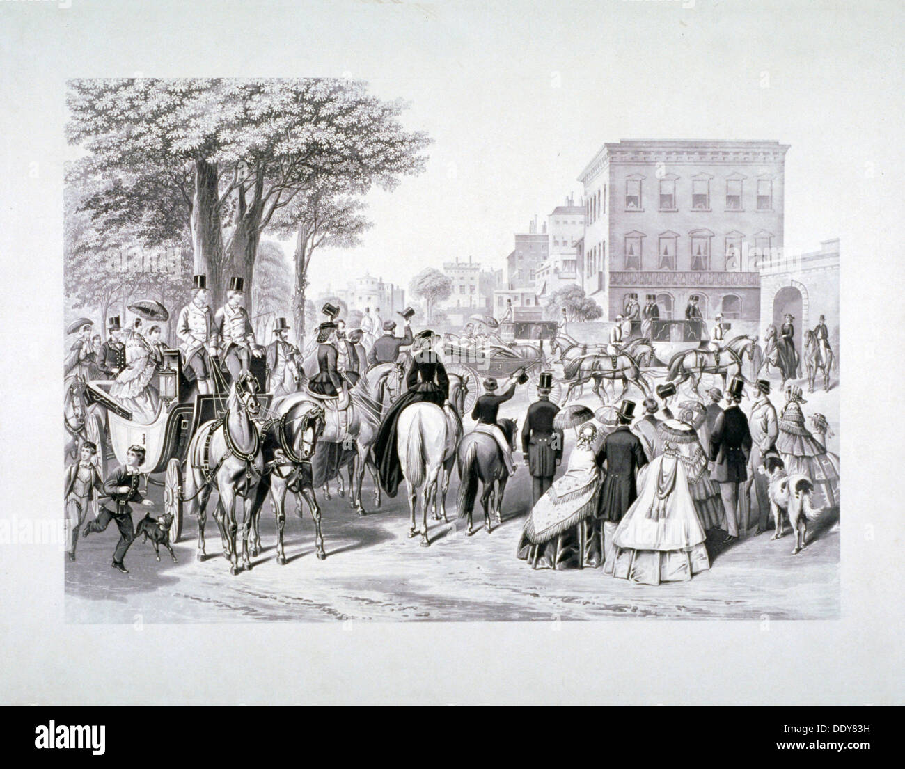 Queen Sie Victoria in der Kutsche im Hyde Park, Westminster, London, c1840 Reiten.                        Künstler: Anon Stockfoto