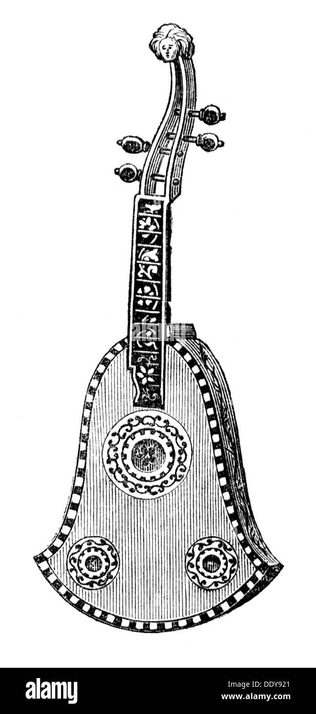 Musik, Instrument, Mandola, Holzstich, 19. Jahrhundert, Musikinstrument, Musikinstrumente, Streichinstrument, Streichinstrument, Streichinstrumente, Streichinstrumente, Zupfinstrument, Zupfinstrumente, Chordophon, Quinterna, Chiterna, Instrument, Instrumente, historisch, historisch, Additional-Rights-Clearences-not available Stockfoto