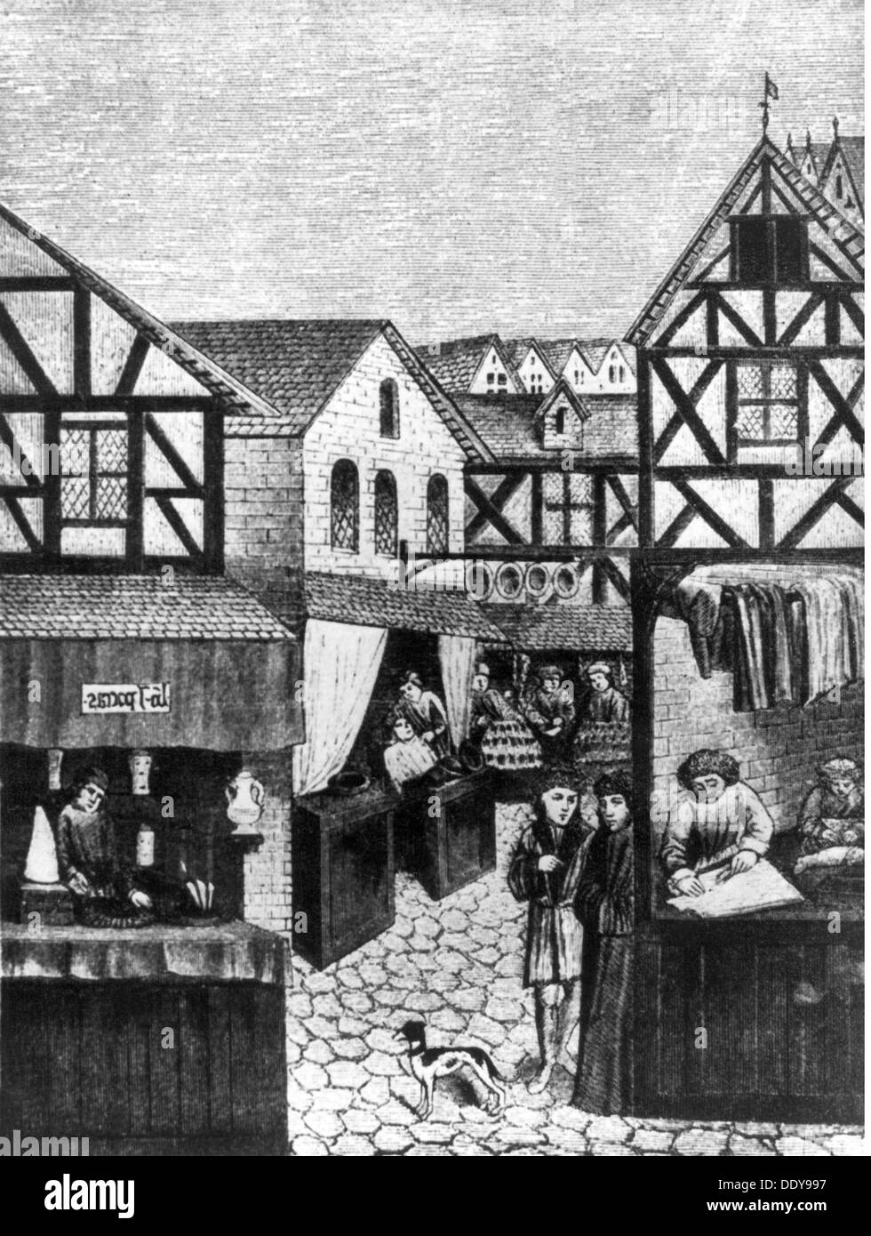 Medizin, Apotheke, Apotheke, mittelalterliche Straßenapotheke, nach Miniatur, 15. Jahrhundert, aus: Rene Fülöp Miller (1891 - 1963), 'Triumph over Pain', Berlin, 1938, Additional-Rights-Clearences-not available Stockfoto